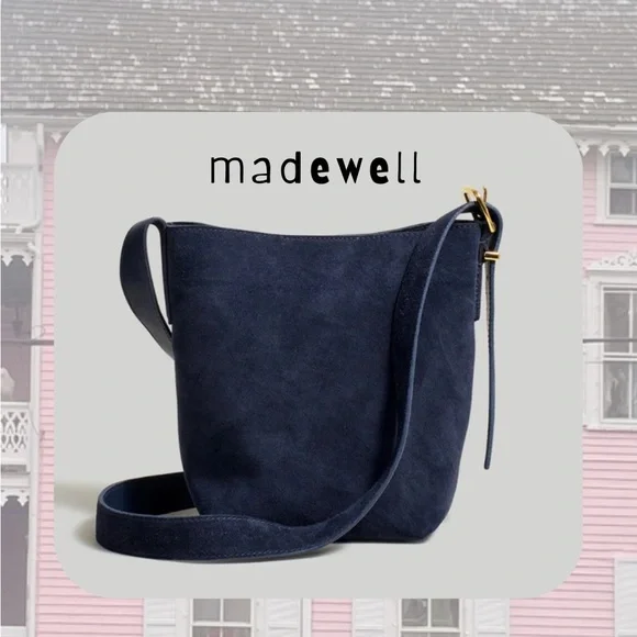 🆕 Madewell dark navy black suede & leather mini tote bucket crossbody bag - Picture 1 of 9
